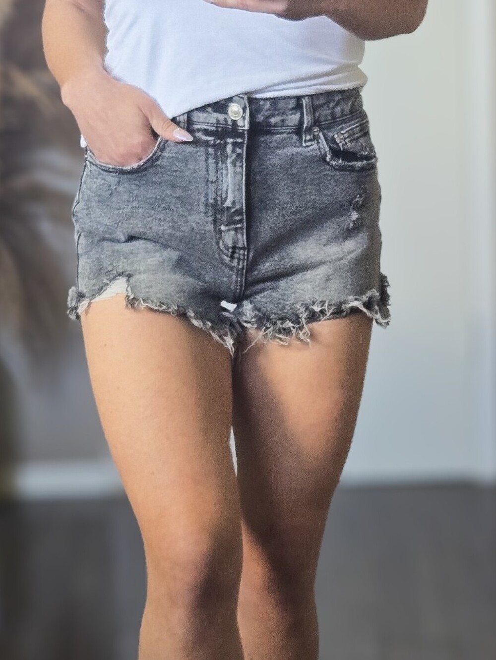 I&M Black Label Distressed Denim Shorts | High Rise Grey Frayed Cutoffs Size 28